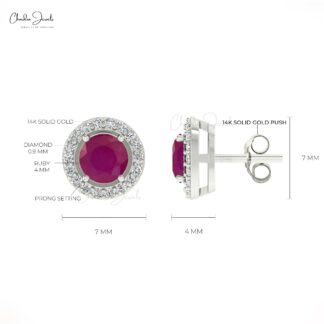 Solid 14k Gold Diamond And 5mm Round Burma Ruby Push Back Halo Stud Earrings