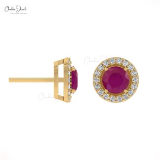 Solid 14k Gold Diamond And 5mm Round Burma Ruby Push Back Halo Stud Earrings
