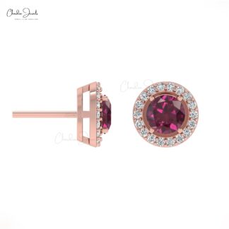 Natural Round Rhodolite Garnet 14K Gold Halo Earrings