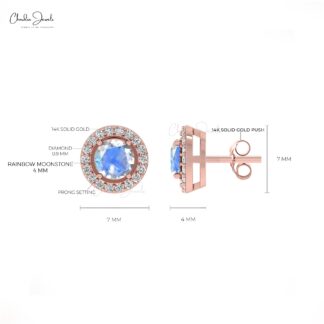 Authentic Rainbow Moonstone & Round Diamond Halo Earrings In 14K Gold For Women