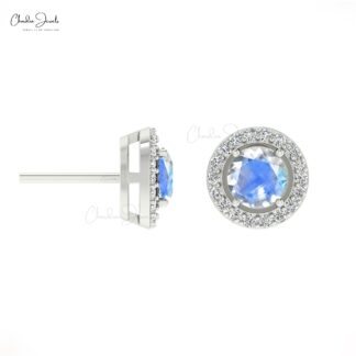 Authentic Rainbow Moonstone & Round Diamond Halo Earrings In 14K Gold For Women