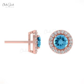 Round Cut Swiss Blue Topaz & Diamond Halo Earrings in 14K Gold
