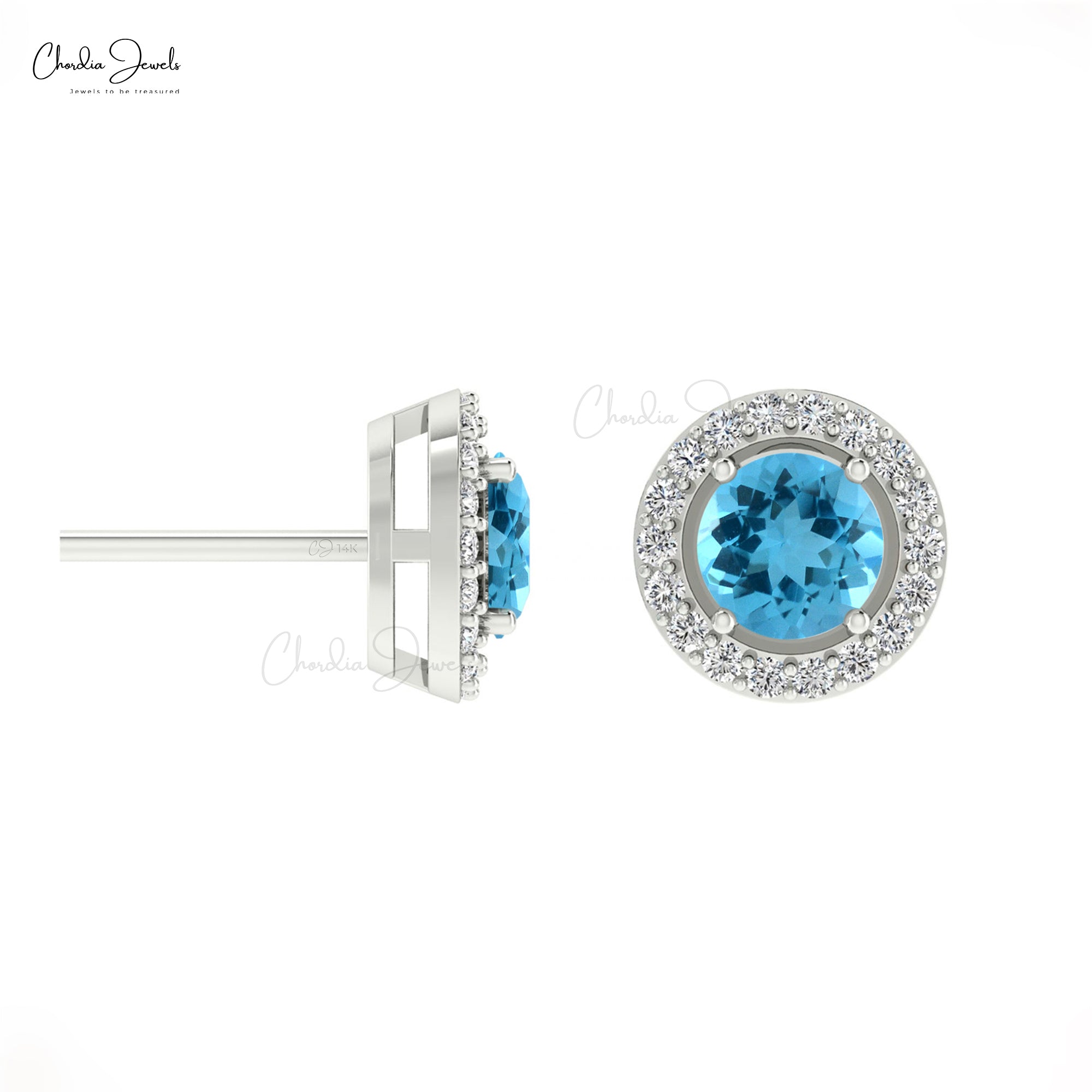 Round Cut Swiss Blue Topaz & Diamond Halo Earrings in 14K Gold
