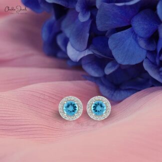 Round Cut Swiss Blue Topaz & Diamond Halo Earrings in 14K Gold