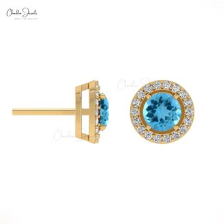 Round Cut Swiss Blue Topaz & Diamond Halo Earrings in 14K Gold