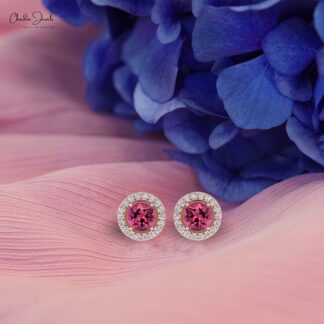 Genuine 14K Gold AAA Pink Tourmaline And Round Diamond Halo Earrings