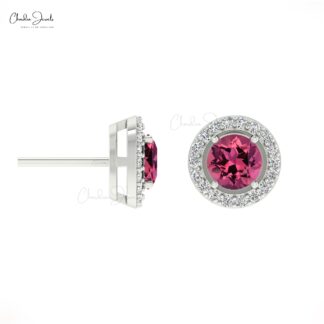 Genuine 14K Gold AAA Pink Tourmaline And Round Diamond Halo Earrings