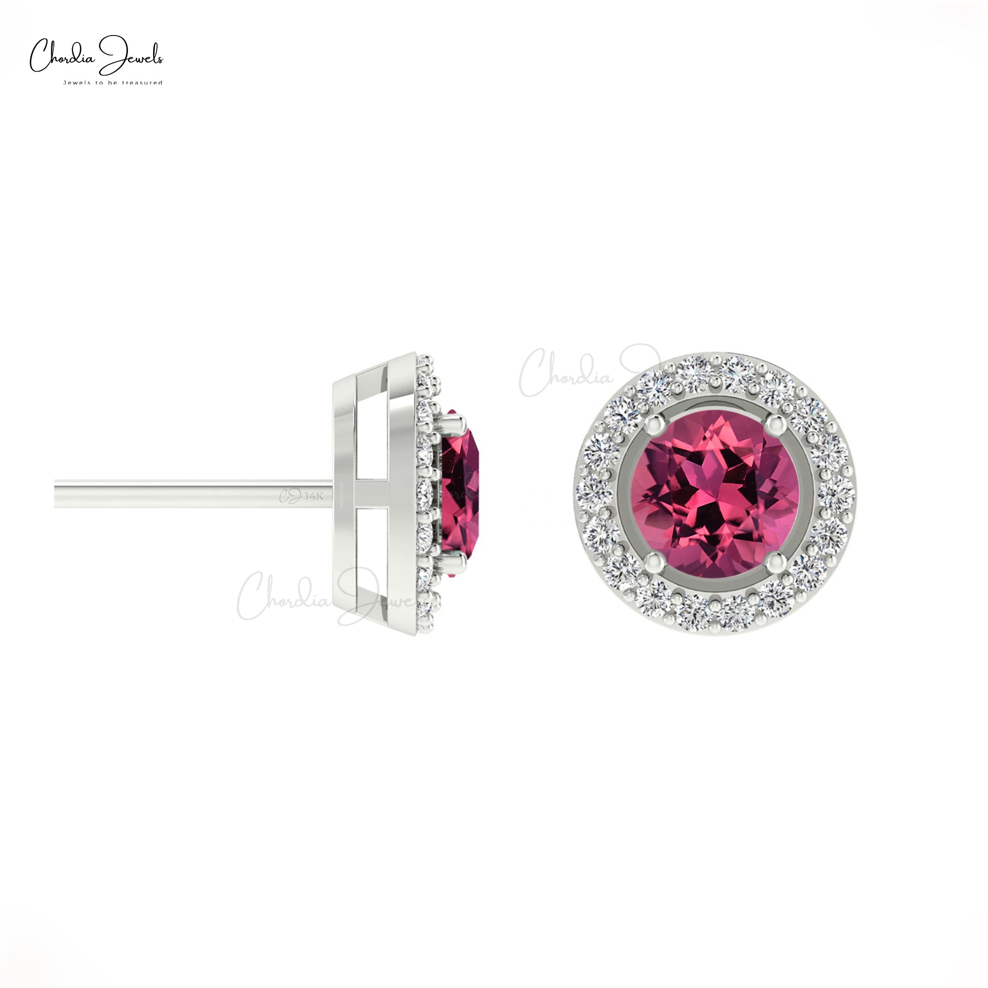 Genuine 14K Gold AAA Pink Tourmaline And Round Diamond Halo Earrings