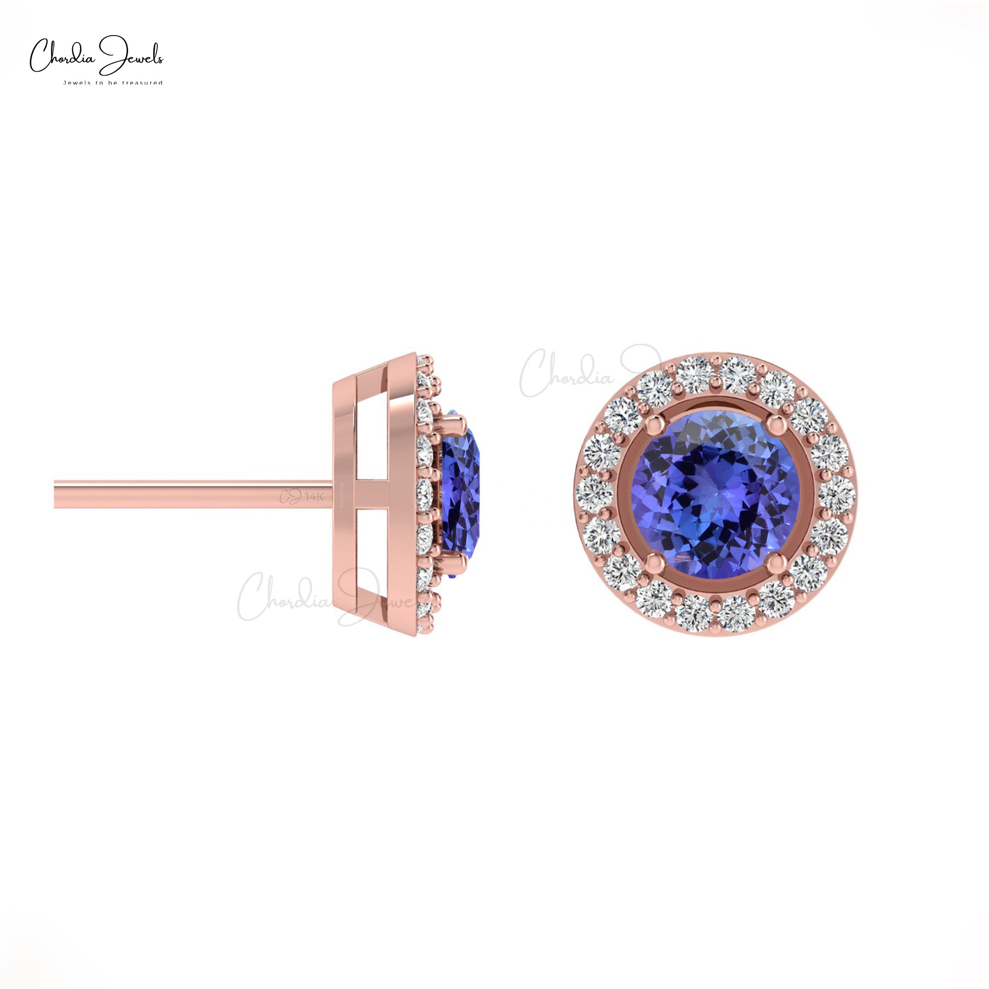 Dazzling Tanzanite & Diamond Halo Studs 14k Gold Prong Set Earrings For Birthday Gift