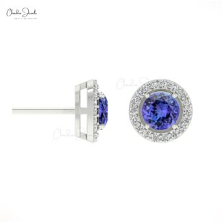 Dazzling Tanzanite & Diamond Halo Studs 14k Gold Prong Set Earrings For Birthday Gift