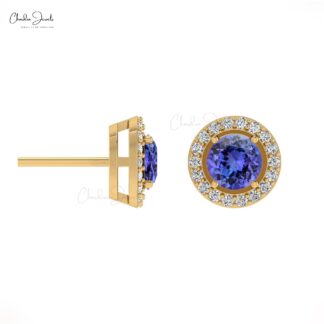 Dazzling Tanzanite & Diamond Halo Studs 14k Gold Prong Set Earrings For Birthday Gift