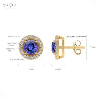 Dazzling Tanzanite & Diamond Halo Studs 14k Gold Prong Set Earrings For Birthday Gift