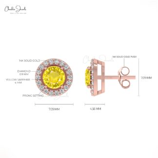 Delicate Yellow Sapphire Dainty Earrings 4mm Round Gemstone Minimalist Studs Genuine 14k Real Gold Diamond Halo Earrings For Fiance Gift