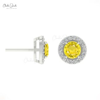 Delicate Yellow Sapphire Dainty Earrings 4mm Round Gemstone Minimalist Studs Genuine 14k Real Gold Diamond Halo Earrings For Fiance Gift
