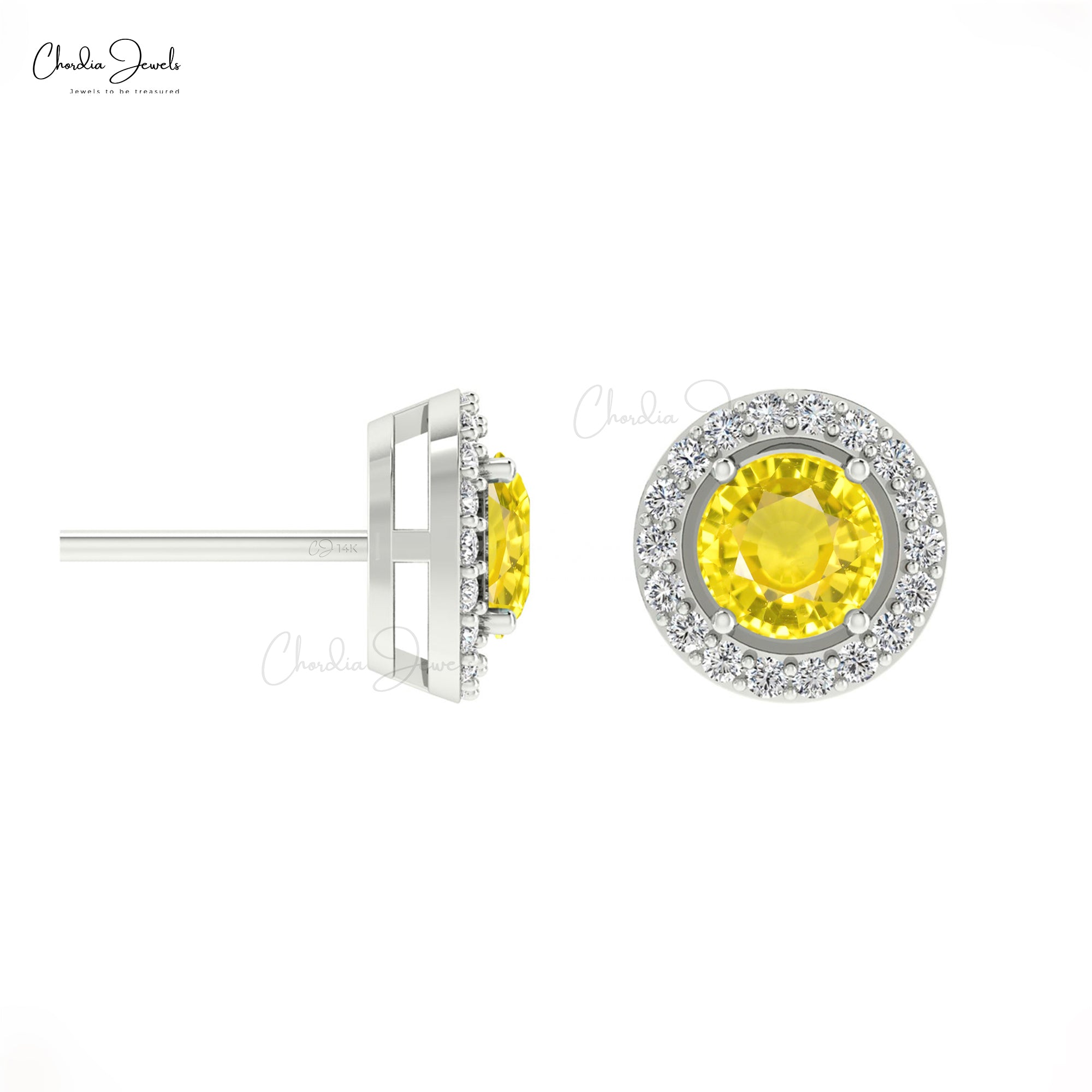 Delicate Yellow Sapphire Dainty Earrings 4mm Round Gemstone Minimalist Studs Genuine 14k Real Gold Diamond Halo Earrings For Fiance Gift