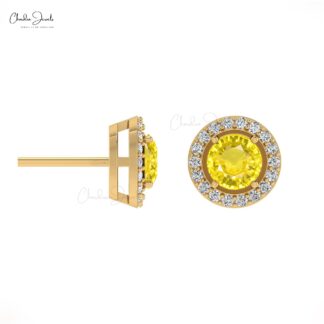 Delicate Yellow Sapphire Dainty Earrings 4mm Round Gemstone Minimalist Studs Genuine 14k Real Gold Diamond Halo Earrings For Fiance Gift