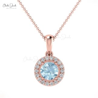 Double Birthstone Pendant In 0.25 Ct Aquamarine And Diamond 14k Solid Gold Halo Pendant