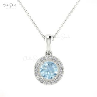 Double Birthstone Pendant In 0.25 Ct Aquamarine And Diamond 14k Solid Gold Halo Pendant