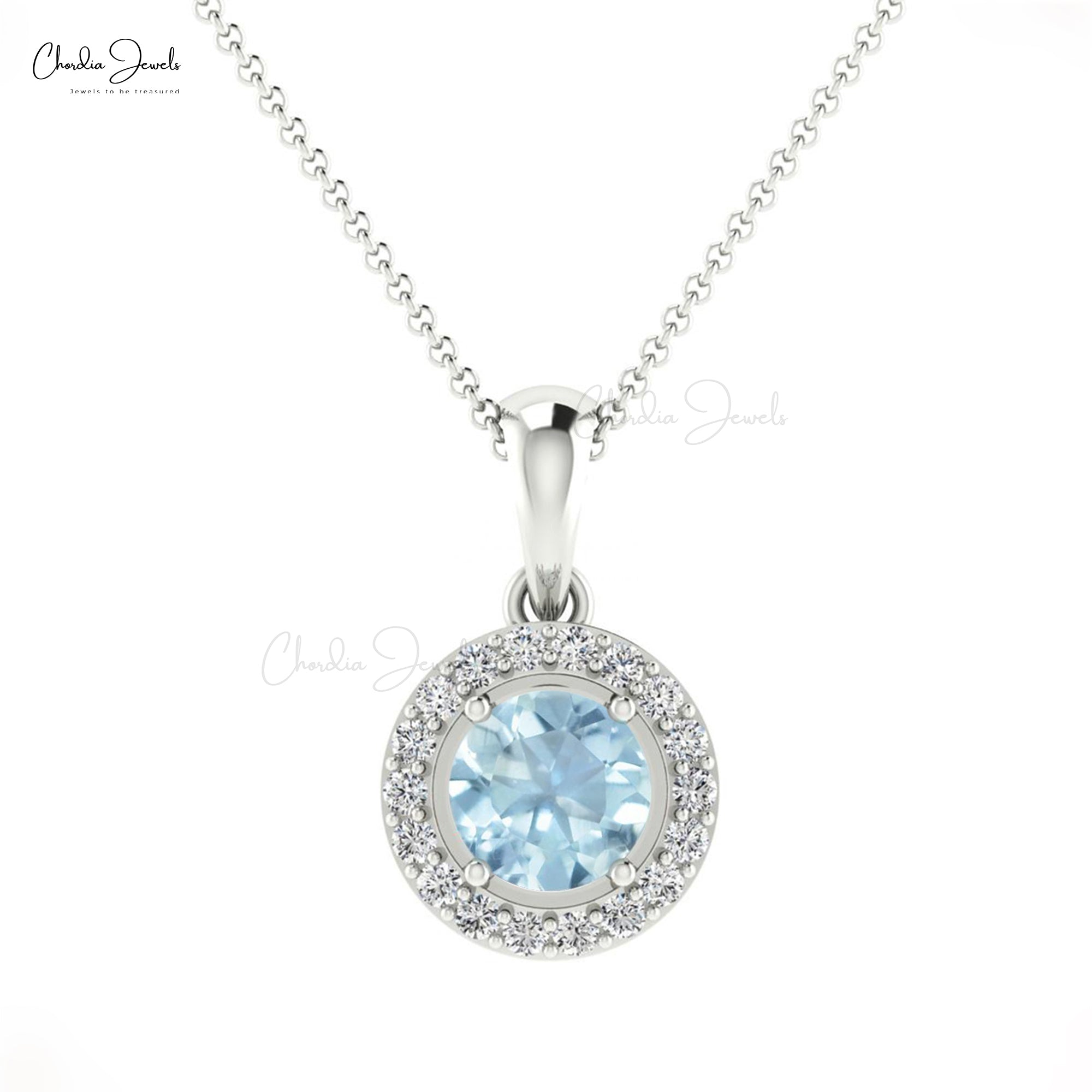 Double Birthstone Pendant In 0.25 Ct Aquamarine And Diamond 14k Solid Gold Halo Pendant