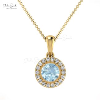 Double Birthstone Pendant In 0.25 Ct Aquamarine And Diamond 14k Solid Gold Halo Pendant