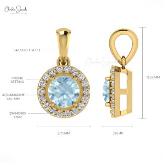 Double Birthstone Pendant In 0.25 Ct Aquamarine And Diamond 14k Solid Gold Halo Pendant