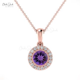Brilliant Cut Halo Wedding Pendant In 14k Solid Gold Amethyst And Diamond Necklace