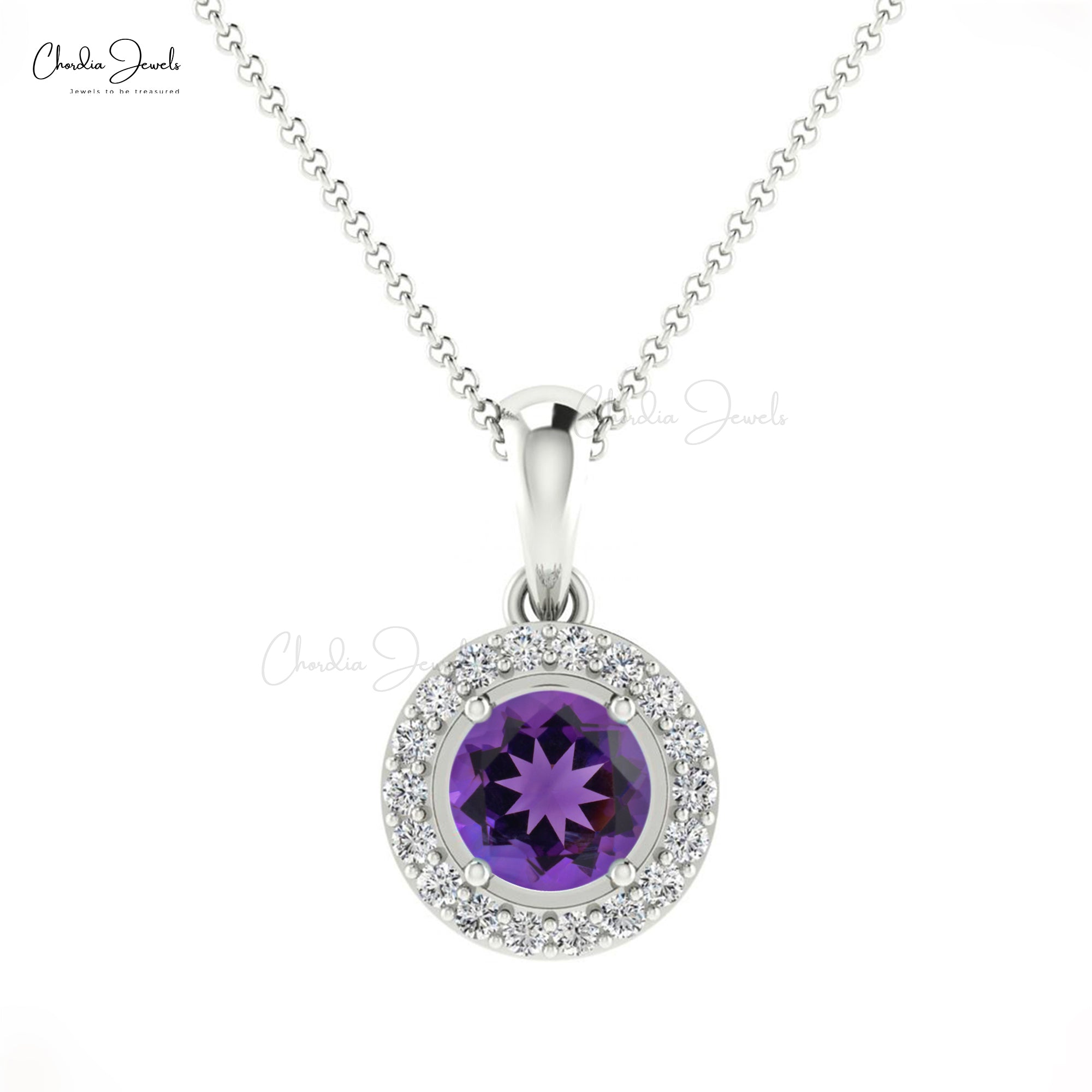 Brilliant Cut Halo Wedding Pendant In 14k Solid Gold Amethyst And Diamond Necklace