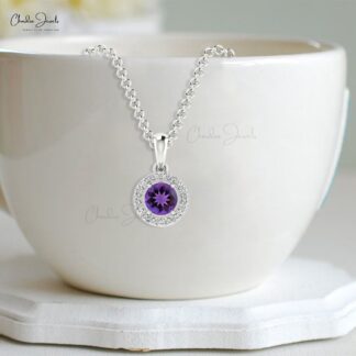 Brilliant Cut Halo Wedding Pendant In 14k Solid Gold Amethyst And Diamond Necklace