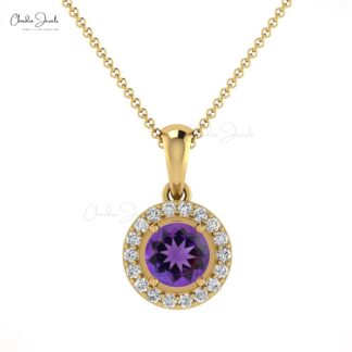 Brilliant Cut Halo Wedding Pendant In 14k Solid Gold Amethyst And Diamond Necklace