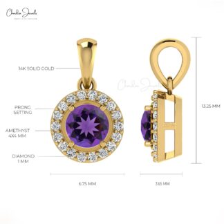 Brilliant Cut Halo Wedding Pendant In 14k Solid Gold Amethyst And Diamond Necklace