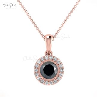 Natural Black Diamond Dainty Pendant 4mm Round Cut Gemstone Art Deco Halo Pendant 14k Real Gold Diamond Fine Jewelry For Bridal