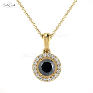Natural Black Diamond Dainty Pendant 4mm Round Cut Gemstone Art Deco Halo Pendant 14k Real Gold Diamond Fine Jewelry For Bridal