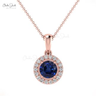 Brilliant Cut Halo Women Pendant In 14k Solid Gold Blue Sapphire & Diamond Necklace