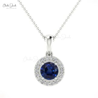 Brilliant Cut Halo Women Pendant In 14k Solid Gold Blue Sapphire & Diamond Necklace