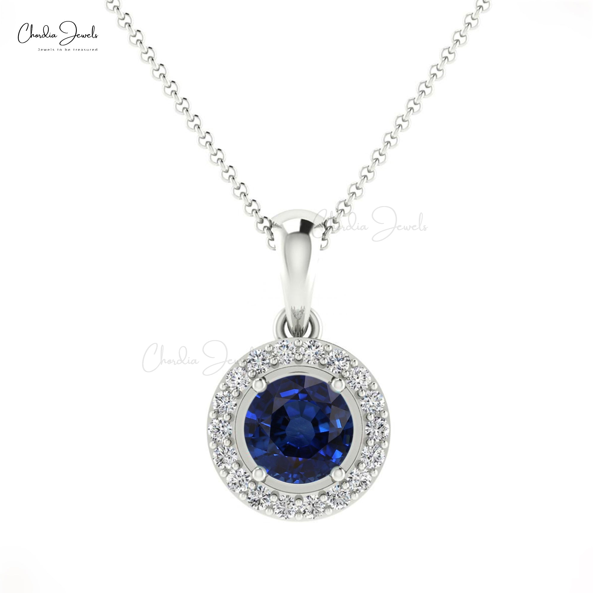 Brilliant Cut Halo Women Pendant In 14k Solid Gold Blue Sapphire & Diamond Necklace