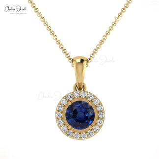 Brilliant Cut Halo Women Pendant In 14k Solid Gold Blue Sapphire & Diamond Necklace