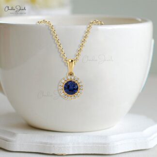 Brilliant Cut Halo Women Pendant In 14k Solid Gold Blue Sapphire & Diamond Necklace