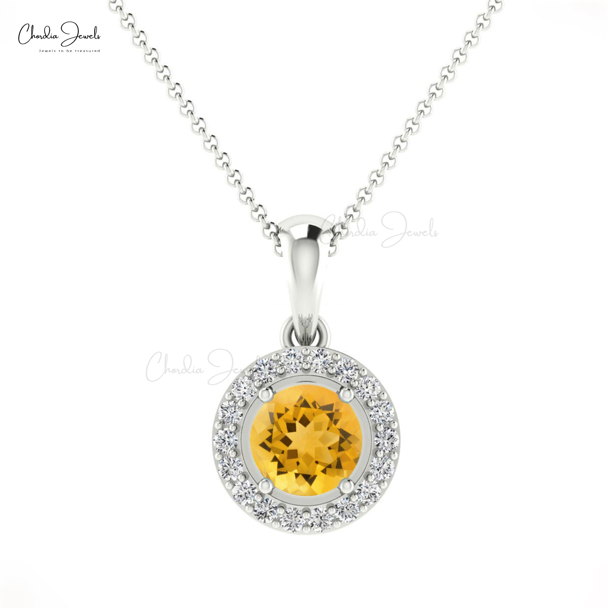 Diamond Circle Pendant With 14k Real Gold Citrine 4mm Gemstone Halo Pendant