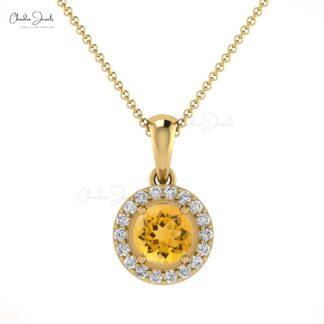 Diamond Circle Pendant With 14k Real Gold Citrine 4mm Gemstone Halo Pendant