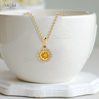 Diamond Circle Pendant With 14k Real Gold Citrine 4mm Gemstone Halo Pendant