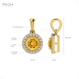 Diamond Circle Pendant With 14k Real Gold Citrine 4mm Gemstone Halo Pendant