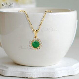Halo Pendant With Round Diamond & Emerald 14k Solid Gold May Birthstone Pendant Jewelry