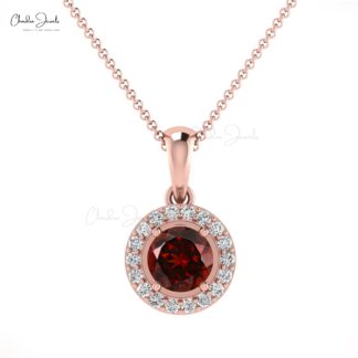 Real 14k Gold Halo Charm In 4mm Red Garnet And Diamond Handmade Pendant For Her