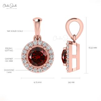 Real 14k Gold Halo Charm In 4mm Red Garnet And Diamond Handmade Pendant For Her