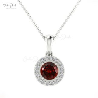 Real 14k Gold Halo Charm In 4mm Red Garnet And Diamond Handmade Pendant For Her