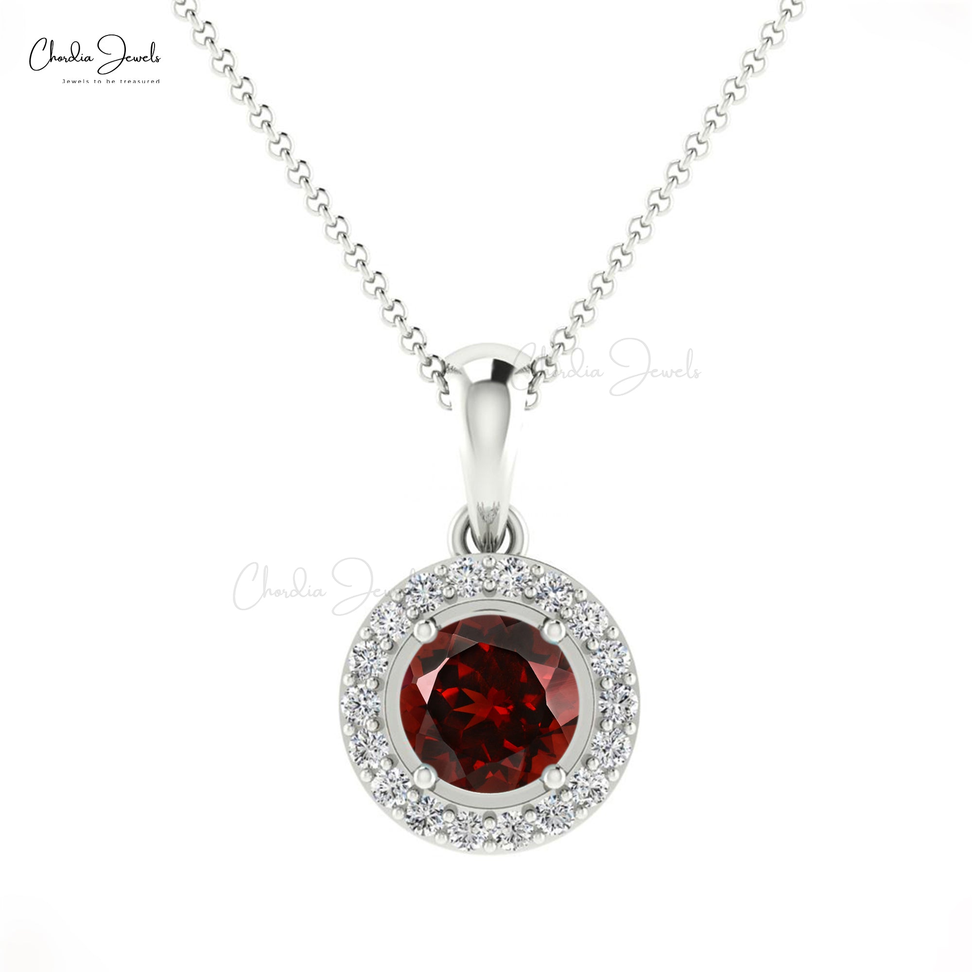 Real 14k Gold Halo Charm In 4mm Red Garnet And Diamond Handmade Pendant For Her