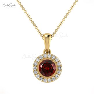 Real 14k Gold Halo Charm In 4mm Red Garnet And Diamond Handmade Pendant For Her