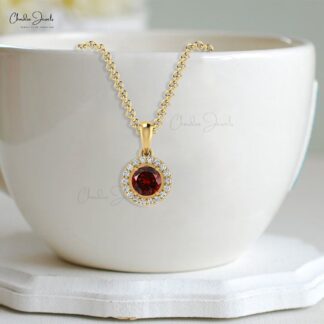 Real 14k Gold Halo Charm In 4mm Red Garnet And Diamond Handmade Pendant For Her