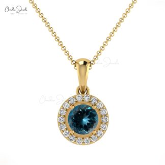 Halo Birthstone Pendant in 14k Real Gold London Blue Topaz And Diamond Necklace