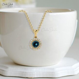 Halo Birthstone Pendant in 14k Real Gold London Blue Topaz And Diamond Necklace